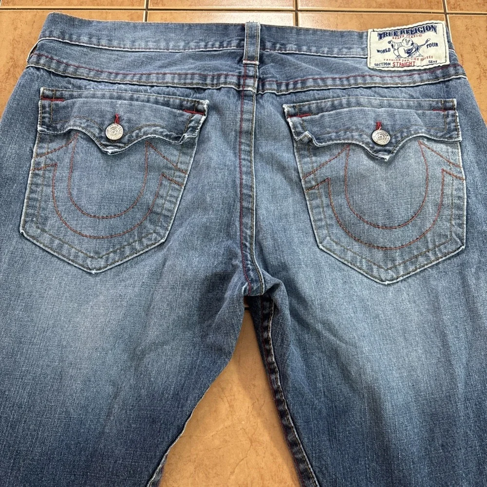 True Religion Jeans Mens Sz 40 x 34 Blue Straight Flap Stretch Denim USA Made